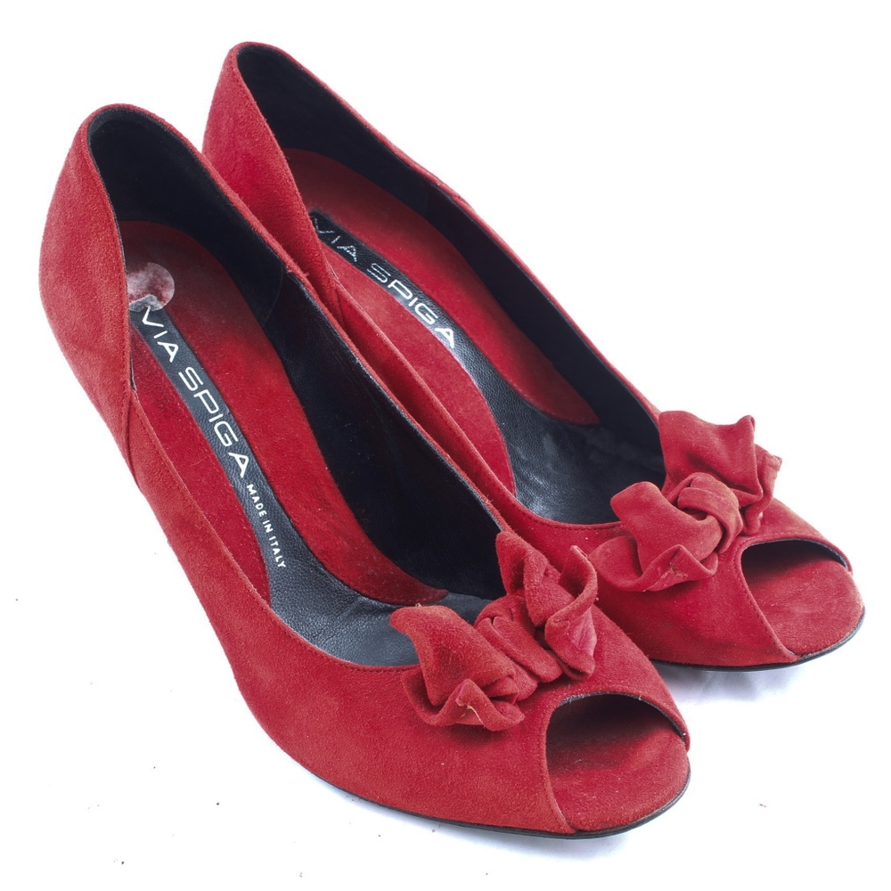 VIA SPIGA Red Suede Open Toe Bowed Heels Size 8.5